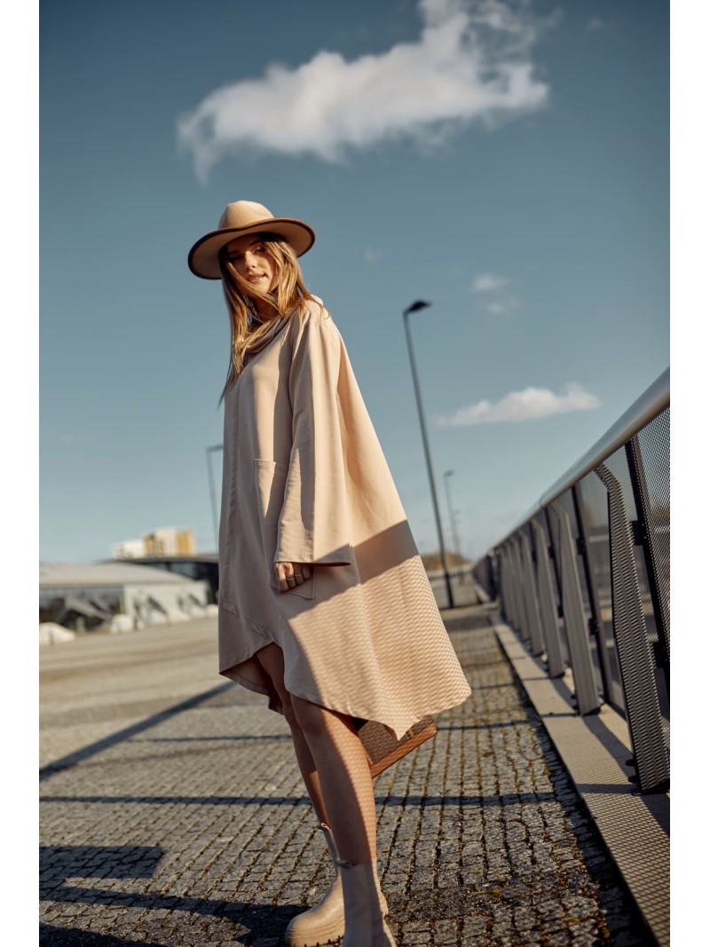 Trapezoidal dress with a wide turtleneck, beige FI699 - Online store - Boutique